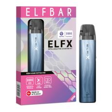 Elfbar E-Zigarette Elfa Elfx Dark-Sea. Blau-marmorietes Gerät in Pen-Optik mit blau-lila Verpackung.