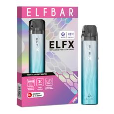 Elfbar E-Zigarette Elfa Elfx Silver-Blue. Silber-blaues Gerät in Pen-Optik mit grau-lila Verpackung.