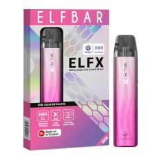 Elfbar E-Zigarette Elfa Elfx Silver-Pink. Silber-pinkes Gerät in Pen-Optik mit grau-lila Verpackung.