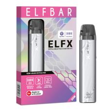 Elfbar E-Zigarette Elfa Elfx Silver. Silbernes Gerät in Pen-Optik mit grau-lila Verpackung.