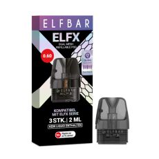 Elfbar Elfx Leer Pods. Schwarz-lila gemusterte Packung mit großer Elfbar Aufschrift und grauen Liquid Pod.