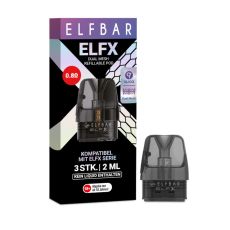 Elfbar Elfx Leer Pods 0.8 Ohm. Schwarz-lila gemusterte Packung mit großer Elfbar Aufschrift und grauen Liquid Pod.