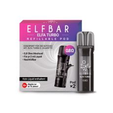 Elfbar Elfa Turbo Leer Pods. Rosa-lila-grau gemusterte Packung mit großer Elfbar Aufschrift und grauen Liquid Pod.