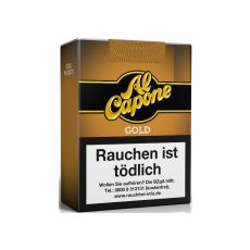 Schachtel  Filterzigarillos Al Capone Pockets Gold Filter. Goldene Packung mit gelben Logo.