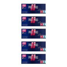 Gebinde Pall Mall Rot 200 Xtra Zigarettenhülsen. Fünf blaue Packungen mit rotem Pausezeichen und weißer Pall Mall Ausfschrift.