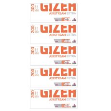 Gebinde Zigarettenhülsen Gizeh  Airstream Extra. Fünf weiße Packungen mit oranger Gizeh Aufschrift und Gizeh Logo.