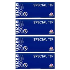 Gebinde Zigarettenhülsen Gizeh Special Tip 250. Vier blaue Packungen mit weißer Special Tip Aufschrift und Gizeh Logo.