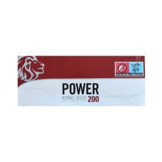 Packung Zigarettenhülsen Power King Size 200. Weiß-rote Packung mit schwarze Power Aufschrift und Löwenkopf.