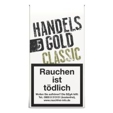 Packung Handelsgold Classic Zigarillos. Weiße Packung mit schwarz-grüner Aufschrift.