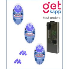 Set Hoffmann Aromakugeln Blaubeere + Kapselspender. Drei lila Packungen mit lila Kugeln und schwarzen Kapselspender.