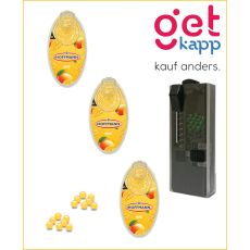 Set Hoffmann Aromakugeln Mango + Kapselspender. Drei gelbe Packungen mit gelbe Kugeln und schwarzen Kapselspender.