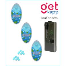 Set Hoffmann Aromakugeln Menthol + Kapselspender. Drei blaue Packungen mit blauen Kugeln und schwarzen Kapselspender.