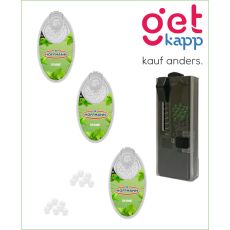 Set Hoffmann Aromakugeln Spearmint + Kapselspender. Drei hellgrüne Packungen mit weißen Kugeln und schwarzen Kapselspender.