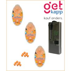 Set Hoffmann Aromakugeln Fizzy Orange + Kapselspender. Drei orange Packungen mit orangen Kugeln und schwarzen Kapselspender.