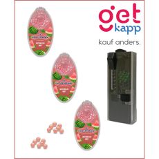 Set Hoffmann Aromakugeln Watermelon Mint + Kapselspender. Drei hellrote Packungen mit roten Kugeln und schwarzen Kapselspender.