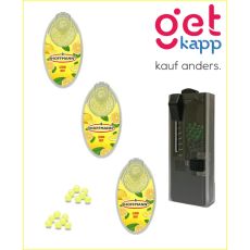 Set Hoffmann Aromakugeln Zitrone Minze + Kapselspender. Drei gelbe Packungen mit gelben Kugeln und schwarzen Kapselspender.