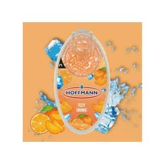 Packung Hoffmann Aromakugeln Fizzy Orange. Oranger Hintergrund mit Mandarinen und oranger Packung mit Hoffmann Logo.