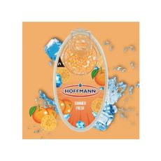 Packung Hoffmann Aromakugeln Sommer Fresh. Oranger Hintergrund mit Eis und Orangen und orange Packung mit Kugeln.