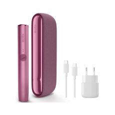 Tabakerhitzer IQOS Iluma Sunet Red mit Holder und weißem Kabel und weißem Stecker.