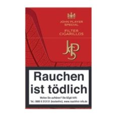 Schachtel John Player Special Filterzigarillos Rot. Rote Packung mit goldener JPS Aufschrift und Warnhinweis.