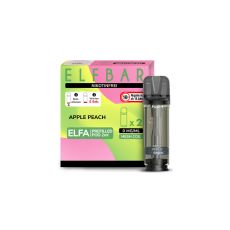 Elfbar Elfa Liquid Pods Apple Peach. Rosa-grün mamorierte Packung mit großer Elfbar und nikotinfrei Aufschrift und grauen Liquid Pod.