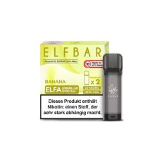 Elfbar Elfa Liquid Pods Banana. Gelb gemusterte Packung mit großer Elfbar und Banana Aufschrift und grauen Liquid Pod.