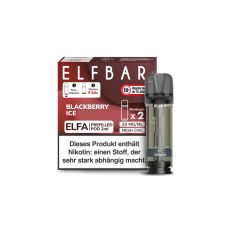 Elfbar Elfa Liquid Pods Blackberry Ice. Braun gemusterte Packung mit großer Elfbar Aufschrift und grauen Liquid Pod.