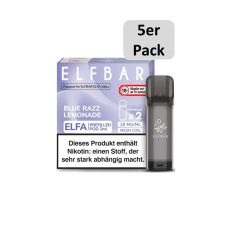 Elfbar Elfa Liquid Pods Blue Razz Lemonade. Lila gemusterte Packung mit großer Elfbar Aufschrift und 5er Pack Bottom.