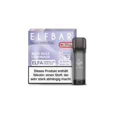 Elfbar Elfa Liquid Pods Blue Razz Lemonade. Lila gemusterte Packung mit großer Elfbar Aufschrift und grauen Liquid Pod.