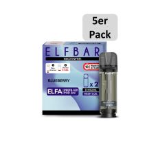 Elfbar Elfa Liquid Pods Blueberry. Blau mamorierte Packung mit großer Elfbar und Blueberry Aufschrift 5er Pack Bottom.