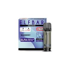 Elfbar Elfa Liquid Pods Blueberry. Blau mamorierte Packung mit großer Elfbar und Blueberry Aufschrift und grauen Liquid Pod.