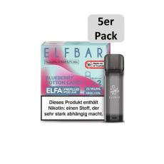 Elfbar Elfa Liquid Pods Blueberry Cotton Candy. Hellblau-rote gemusterte Packung mit  Elfbar Aufschrift und 5er Pack Bottom.