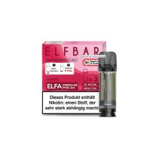 Elfbar Elfa Liquid Pods Cherry Candy. Rot-rosa gemusterte Packung mit großer Elfbar Aufschrift und grauen Liquid Pod.