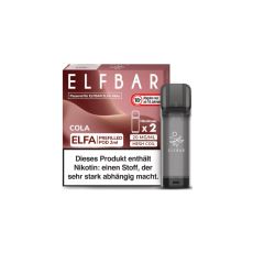 Elfbar Elfa Liquid Pods Cola. Braun gemusterte Packung mit großer weißer Elfbar und Cola Aufschrift und grauen Liquid Pod.