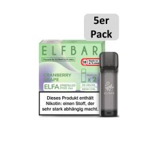 Elfbar Elfa Liquid Pods Cranberry Grape. Grün-lila gemusterte Packung mit grauen Liquid Pod und 5er Pack Bottom.