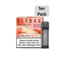 Elfbar Elfa Liquid Pods Elfergy. Orange-gelb gemusterte Packung mit Elfbar und Elfergy Aufschrift und 5er Pack Bottom.