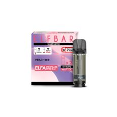 Elfbar Elfa Liquid Pods Peach Ice. Blasslila-rosa gemusterte Packung mit nikotinfrei Aufschrift und grauen Liquid Pod.