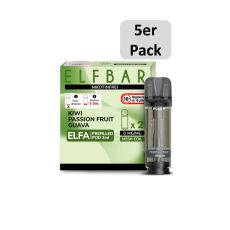 Elfbar Elfa Liquid Pods Kiwi Passion Fruit Guava. Grün gemusterte Packung mit nikotinfrei Aufschrift und 5er Pack Botton.