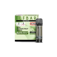 Elfbar Elfa Liquid Pods Kiwi Passion Fruit Guava. Grün gemusterte Packung mit nikotinfrei Aufschrift und grauem Liquid Pod.