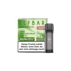 Elfbar Elfa Liquid Pods Kiwi Passion Fruit Guava. Grün gemusterte Packung mit großer Elfbar Aufschrift und grauem Liquid Pod.