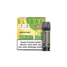 Elfbar Elfa Liquid Pods Lemon Mint. Grün-gelbe gemusterte Packung mit großer Elfbar Aufschrift und grauen Liquid Pod.