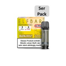 Elfbar Elfa Liquid Pods Mango. Gelb gemusterte Packung mit großer Elfbar Aufschrift und 5er Pack Botton.