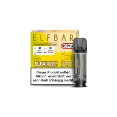 Elfbar Elfa Liquid Pods Mango. Gelb gemusterte Packung mit großer Elfbar Aufschrift und grauen Liquid Pod.