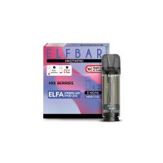 Elfbar Elfa Liquid Pods Mix Berries. Lila-rosa gemusterte Packung mit nikotinfrei Aufschrift und grauen Liquid Pod.