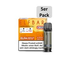 Elfbar Elfa Liquid Pods Orange. Orange gemusterte Packung mit großer Elfbar Aufschrift und 5er Pack Botton.