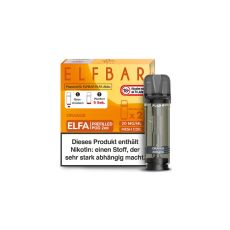 Elfbar Elfa Liquid Pods Orange. Orange gemusterte Packung mit großer Elfbar Aufschrift und grauen Liquid Pod.