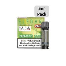 Elfbar Elfa Liquid Pods Pear. Grün-gelbe gemusterte Packung mit großer Elfbar Aufschrift und 5er Pack Botton.