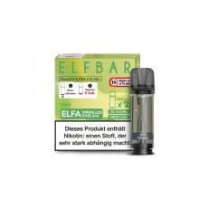 Elfbar Elfa Liquid Pods Pear. Grün-gelb gemusterte Packung mit großer Elfbar Aufschrift und grauen Liquid Pod.