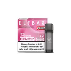 Elfbar Elfa Liquid Pods Pink Lemonade. Rosa gemusterte Packung mit großer weißer Elfbar Aufschrift und grauen Pod.