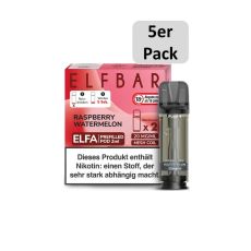 Elfbar Elfa Liquid Pods Raspberry Watermelon. Blassrote gemusterte Packung mit großer Elfbar Aufschrift und 5er Pack Botton.